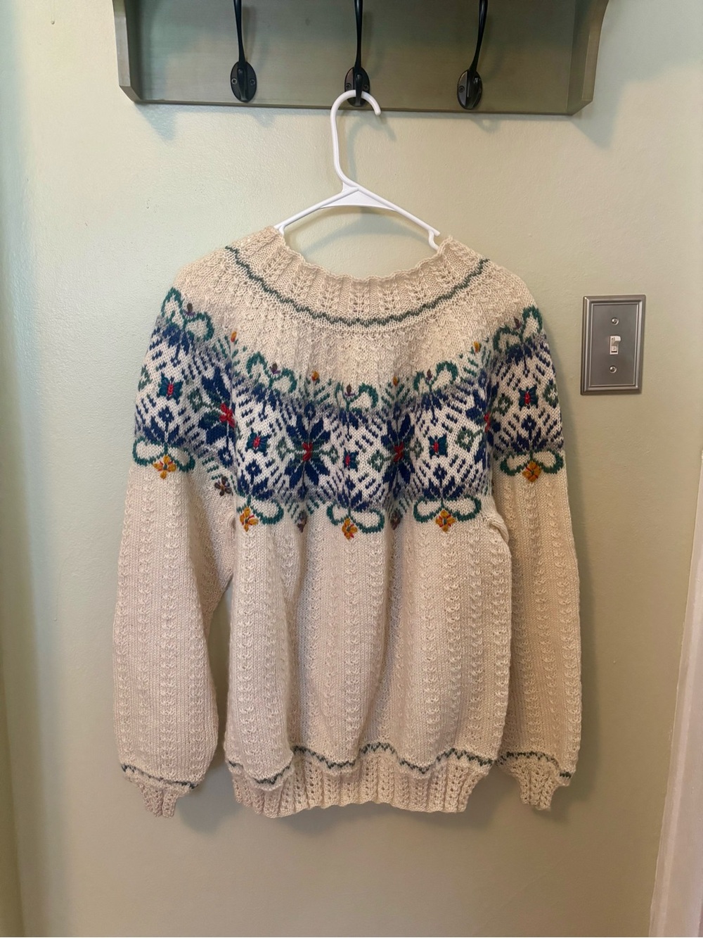 Vintage Dale of Norway Cream Nordic Yoke Sweater with Blue & Green Accents